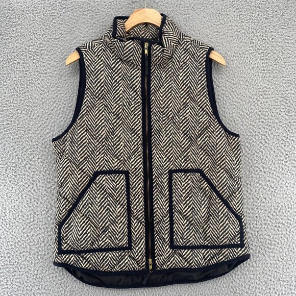 J Crew Vest Womens Medium Black Herringbone Puffer Vest Mock Neck Full Zip Front - Picture 1 of 11